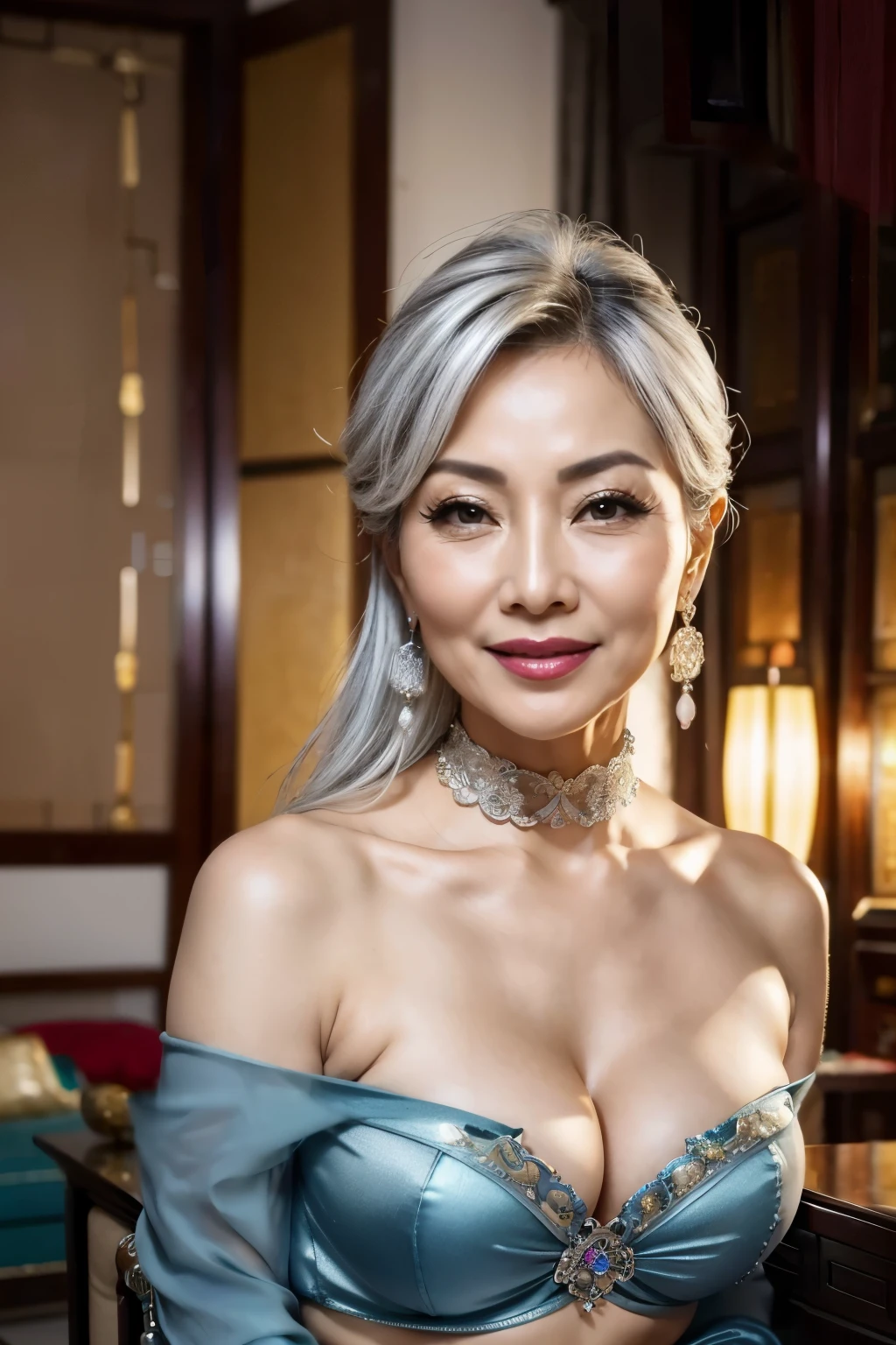 75 years old　Mom　MILF　Chinese Lady　large earring　Big choker　navel piercing decoration　A bracelet　Silver Hair　realisitic　Gorgeous Madame Beautiful Mature Woman　sexy　Smile　Gentle woman navel piercing　４K　High quality サマードレス