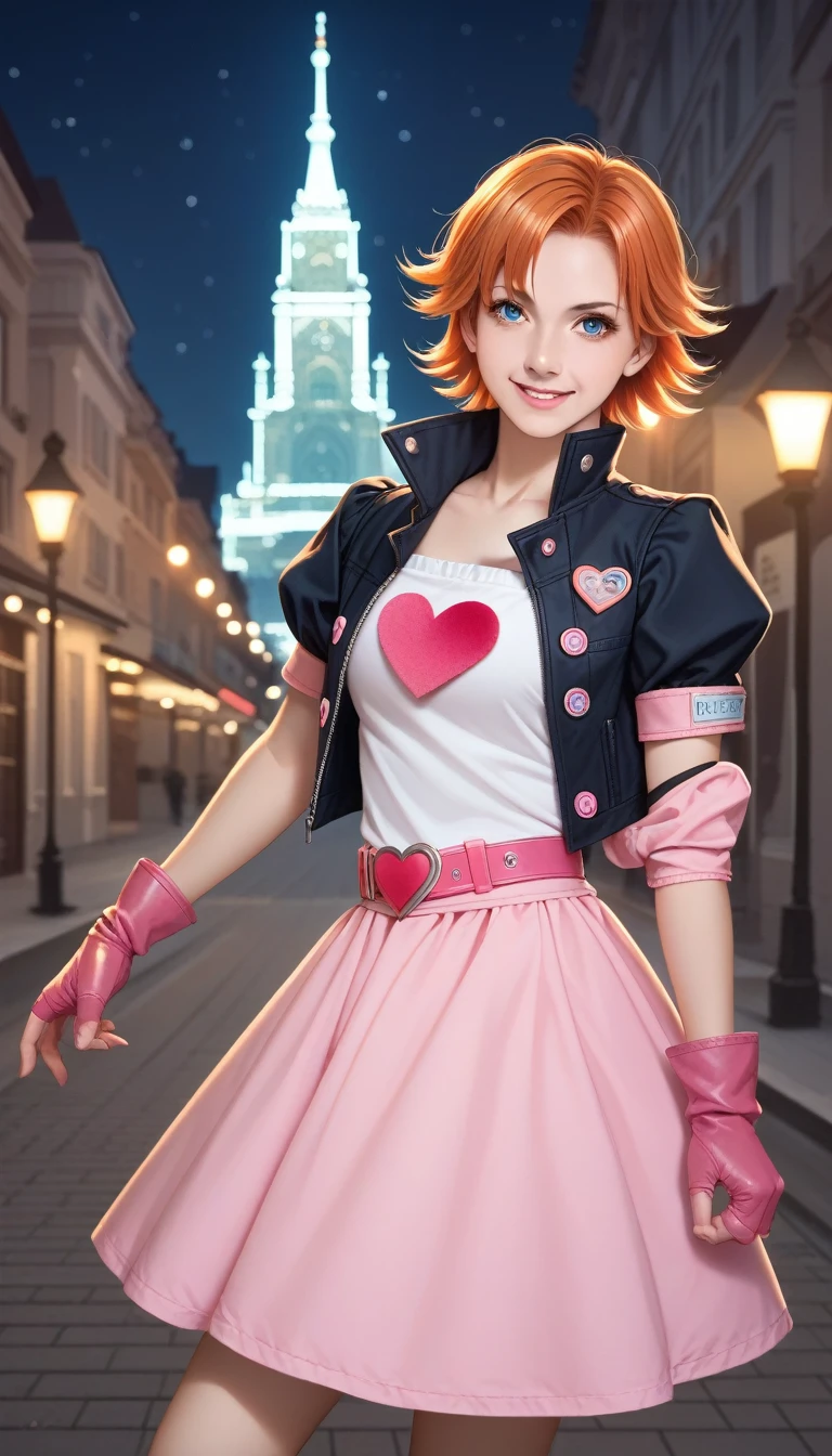 score_9_up, score_8_up, score_7_up, score_6_up,1 Girl,Cowboy shooting, Beautiful Nora_Valkyrie, Looking at the audience, Smile, short hair, blue eyes,heart motif, Gloves,  jacket, Pink skirt, Pink belt, Short sleeve, Puff sleeves, Single armband, fingerless Gloves, Orange Hair, pink Gloves, Dynamic poses, night, outdoor, City, (Volumetric Lighting), best quality, masterpiece, Intricate details, Tone Mapping, Clear focus, Ultra Detailed, Popular on artstation,