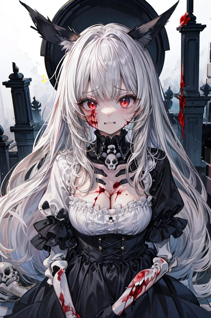 masterpiece, Highest quality, High resolution, One boy, Cream colored hair, Gray Hair, Pearly hair, Nice boy, Bunny ears, Loose-fitting clothing, Larger clothes, dark red eye, eyeの下のたるみ, dark circles under eye, Shocking pink lipstick,, She&#39;s wearing cute makeup,やみcute, Fluffy hair, Voluminous Hair, skinny, slim, very skinny, Androgynous, cute, Spooky, short hair, Horror, Faded colors, White skin, Spooky, Unnaturally thin, Hungry, eye, eye in background, sharp eye, Long eyelashes, Under the lashes, Loose shorts, lace shirt, Frilled shirt, tie a ribbon around one&#39;s neck, Detailed clothing, A loose cardigan, Open cardigan, Dripping Blood, That&#39;s horrible, nightmare, Haunted, stitch, patchwork, String, Injury, hell, Injury on arms, self-harm, cut, Black Fingers, factory, Abandoned, Scattered,  Large breasts, (Thriller Theme,Bloody and violent themes:1.3),(Unclean mollusk tentacles,radicalism:1.4),
Good details, (Glowing background),
Highest quality, wide angle super detail, masterpiece, 8k, Natural light, Soft lighting, sunlight, High resolution (High Dynamic Range), Maximum clarity and sharpness, Multilayer Texture,
Looking at the audience,Close to the audience,night,Unclean,
(Faith of the Dead,A totally malicious cult,Human Sacrifice Ritual,Creepy black mist and bloody mist,A creepy manic grin:1.4),(severe bleeding, self-harm行為:1.4)
1 girl,Upper Body,完璧な詳細なeyeと顔,Frowning,赤いeye,Gray Hair,Skull and bones themed costume,Black gothic dress with beautiful details,Tears of Blood,
(Cult temple built entirely of skulls and bones,Skeleton Beam,Altar of Bone:1.4),
(光るeye,Disheveled long hair,:1.5),
Lens flare,Light leakage,  