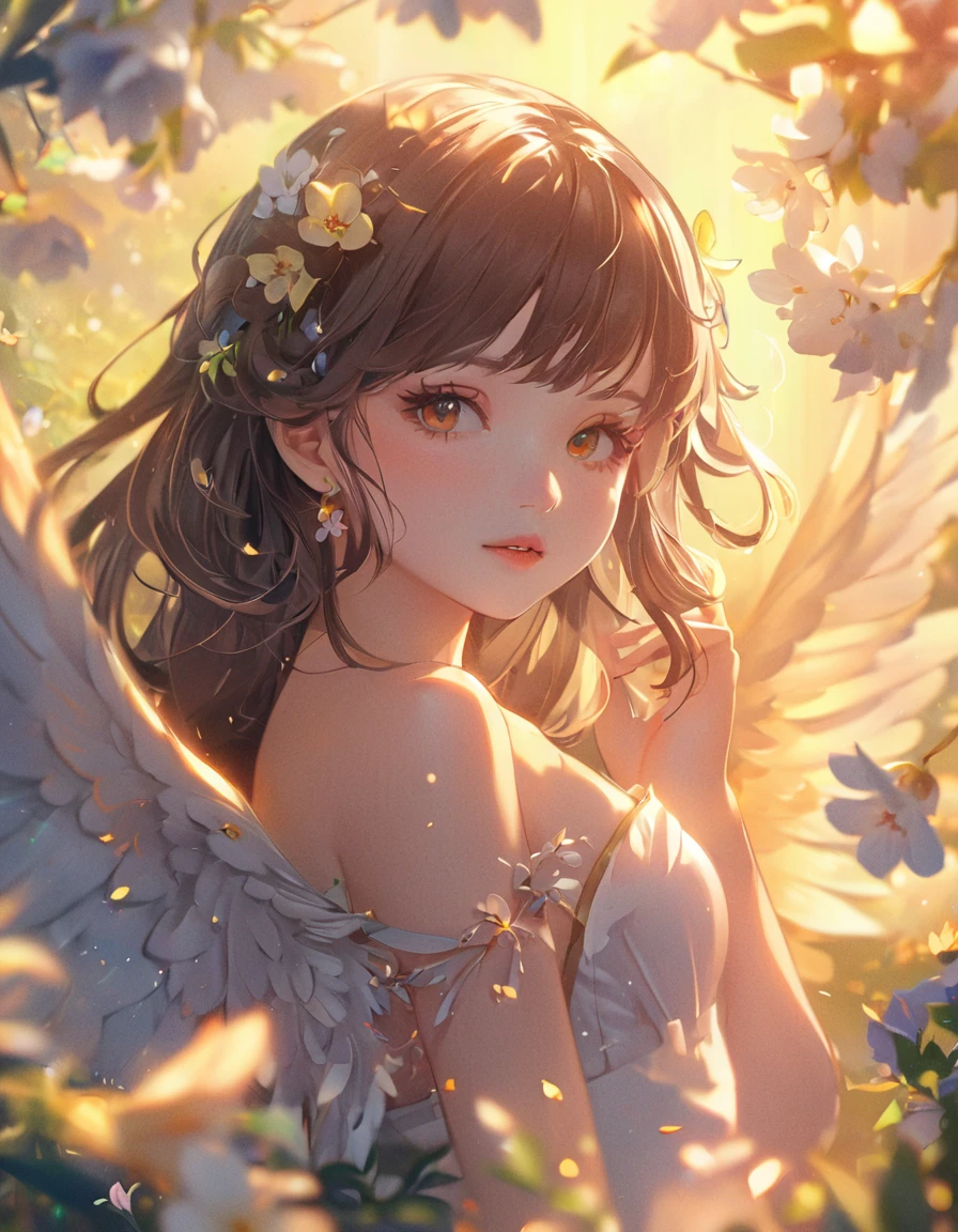 Anime girl with wings and flowers in her hair, Detailed digital anime art, anime art wallpaper 4k, anime art wallpaper 4k, Anime Style 4k, Gwaiz on pixiv artstation, Anime Art Wallpapers 8K, 8K high quality, detailed art, Gwaiz, Gwaiz on artstation pixiv