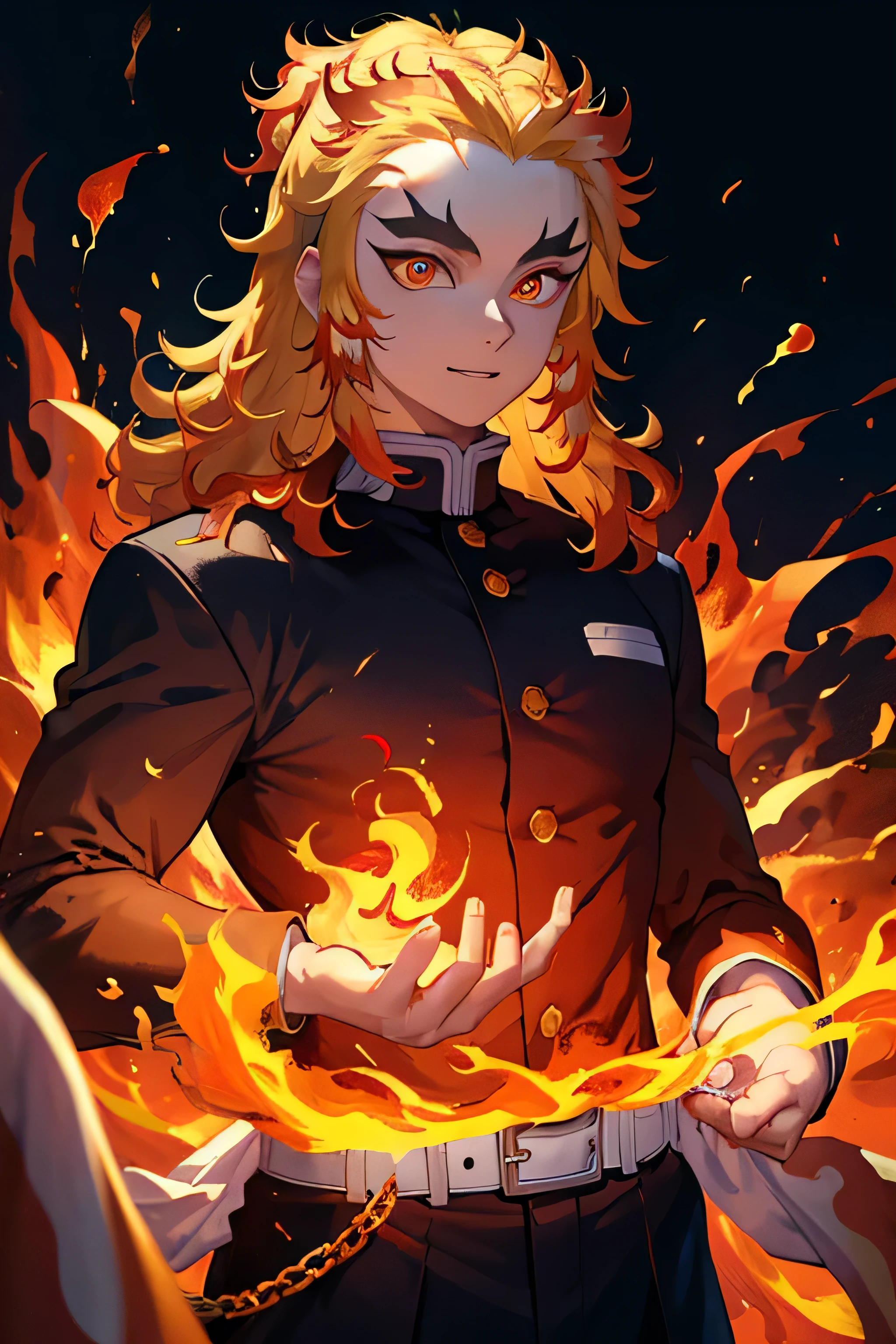 (Masterpiece, Best Quality:1.2), Orange theme, Cowboy shot, solo, male focus, 1boy, Rengoku Kyojuro, Smile, looking a viewer, Long hair, Split eyebrows, Demon Slayer Uniform, black jacket, long sleeves, White Capelet, Black pants, White Belt, fire, low-key, darkroom, hands down, chain, basement, block wall, broken clothes, (((masterpiece))), (ultra detail), (best quality), (8k cg wallpaper), stare, Beautifull flower background