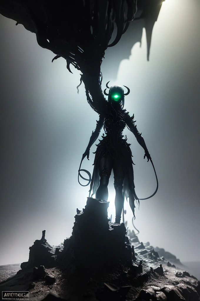 (masterpiece:1.2),Highest quality,(figure:1.2),(Very detailed),Gothic,Hyper Details,(Delicate and detailed), (Intricate details), (Cinematic Light,Highest quality Backlights), Clear lines, From below,(Devilish,Abysmal),Perfect body,(Bioluminescent hair:1.2),(Glowing Eyes:1.3),(Satanic),Fantasy, Close your eyes for a moment,Underworld,(dynamic:1.2),((compensate)),High Contrast,(Best lighting, Very delicate and beautiful),((Cinematic Light)),(((colorful))), elegant,(映画のmasterpiece),intense,Powerful,Splashes of color,really eye-catching,(Brimstone),(Dark Lineage),Shadowy,underworld,subterranean,((背景にcolorfulなペイントが飛び散る, Dulux,)),((caustic)),Dynamic Angle,Beautiful sparkle,(Enchanting),(Intricately detailed movie backgrounds),(Artfully crafted brilliance),amazing,Gorgeous sky background, Detailed Clouds, ray tracing reflection, Ambient Occlusion,Havoc,(Shrouded in fog), (Atmospheric),spooky,Hellspawn,fire ,inflammation,intense、[[A figure in the distance]]