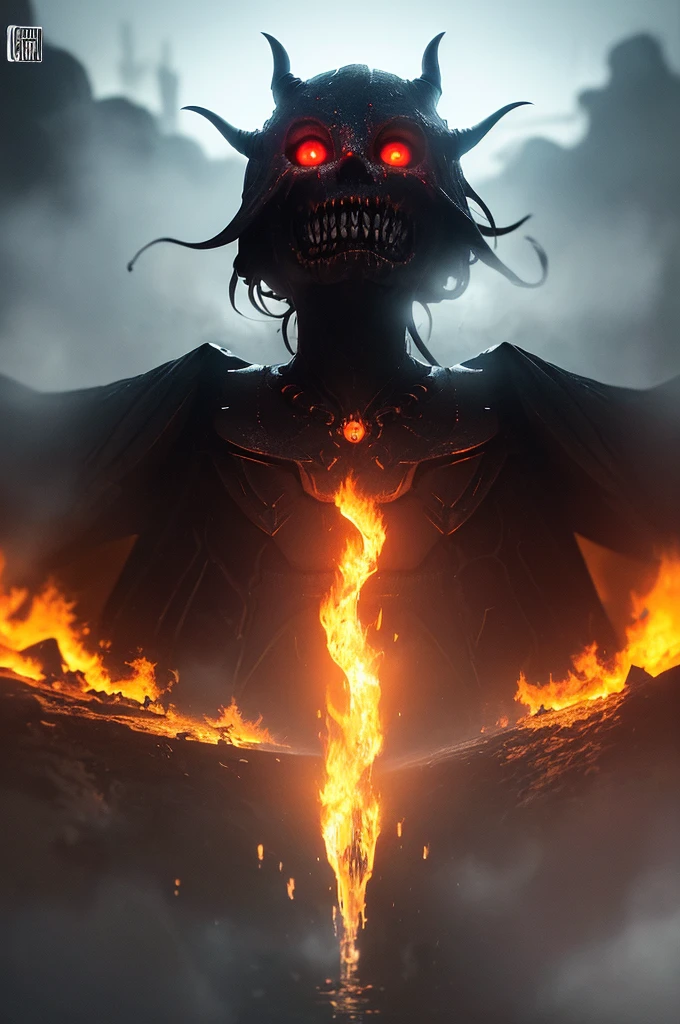 (masterpiece:1.2),Highest quality,(figure:1.2),(Very detailed),Gothic,Hyper Details,(Delicate and detailed), (Intricate details), (Cinematic Light,Highest quality Backlights), Clear lines, From below,(Devilish,Abysmal),Perfect body,(Bioluminescent hair:1.2),(Glowing Eyes:1.3),(Satanic),Fantasy, Close your eyes for a moment,Underworld,(dynamic:1.2),((compensate)),High Contrast,(Best lighting, Very delicate and beautiful),((Cinematic Light)),(((colorful))), elegant,(映画のmasterpiece),intense,Powerful,Splashes of color,really eye-catching,(Brimstone),(Dark Lineage),Shadowy,underworld,subterranean,((背景にcolorfulなペイントが飛び散る, Dulux,)),((caustic)),Dynamic Angle,Beautiful sparkle,(Enchanting),(Intricately detailed movie backgrounds),(Artfully crafted brilliance),amazing,Gorgeous sky background, Detailed Clouds, ray tracing reflection, Ambient Occlusion,Havoc,(Shrouded in fog), (Atmospheric),spooky,Hellspawn,fire ,inflammation,intense、[[A figure in the distance]]