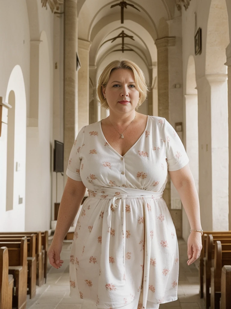 her name is Amélie, high quality, ((mature)), ((white pale skin)), 1girl, ((40-year-old chubby Swiss woman)), ((40 years old)), ((chubby)), ((CRANKY short BLONDE)), pose: sensual, wearing stylish (((wearing in trend printed modern wear))), ((BACKGROUND: strolling through a picturesque church in the south of France))