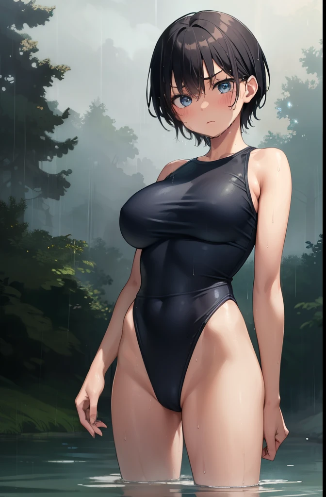 forest,rain,soil,fog,cloudy,Girl 1,boyish,short hair,Black Hair,blue eyes,Blue leotard,Super High Leg Cut,barefoot,blush,barefoot,Serious face,Embarrassing,Wet,Big Breasts,Are standing,Put your hands behind your back,Cowboy Shot,Sweaty,front,Swim in the river,