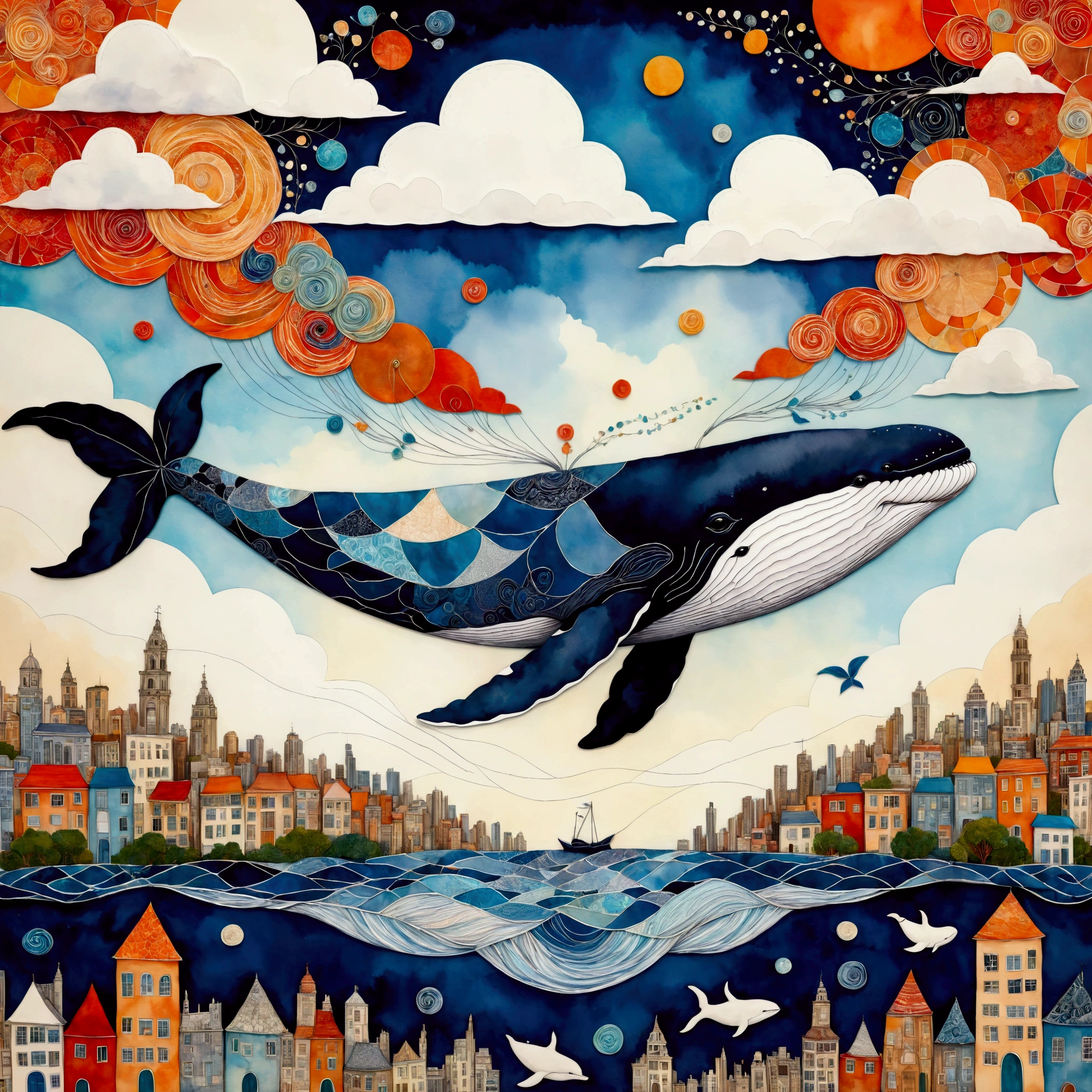 create artistic handmade pieces,This is a dreamy and colorful work that looks like an illustration in a picture book.,Collage using various art materials,A sky pattern drawn by mixing blue and black,watercolor style background,cloth,quilting,Embroidery thread,Looking down on the cityscape painted in white and orange from above,flying whale,Cityscape and sky of a Brazilian city near the sea,BREAK,(Flying Whale: Anatomically Correct Whale: Cute Whale: Baleen Whale: Humpback Whale),BREAK,rich expression,Use various patterns such as geometric patterns and traditional patterns,An imaginative dream world,happy dream,artwork,patchwork,intricate details,anatomically correct,perfect ,kind,rich colors,Careful in every detail,structurally correct