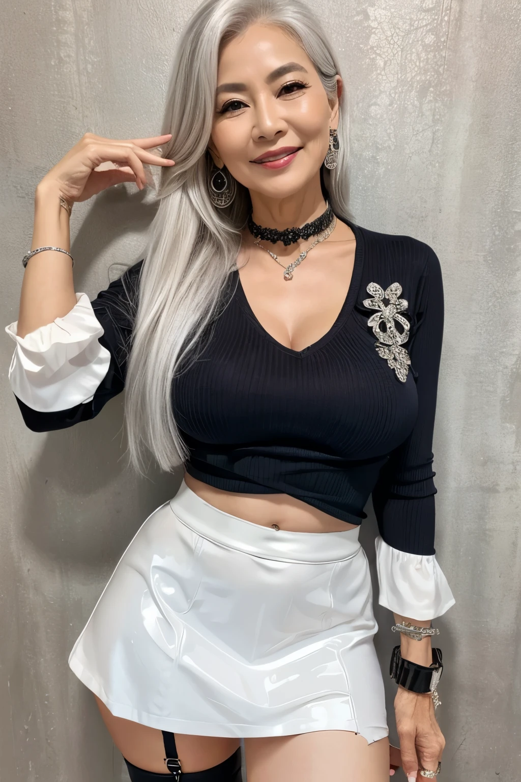 75 years old Mom MILF Korean, Lady large earring Big choker navel piercing decoration A bracelet Silver Hair realisitic Gorgeous Madame Beautiful Mature Woman sexy Smile Gentle woman navel piercing 4K High quality ベルト