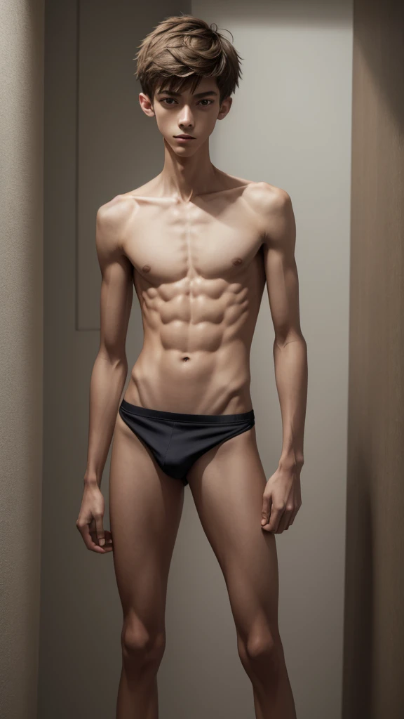 A shirtless skinny  boy, very skinny, very skinny body 