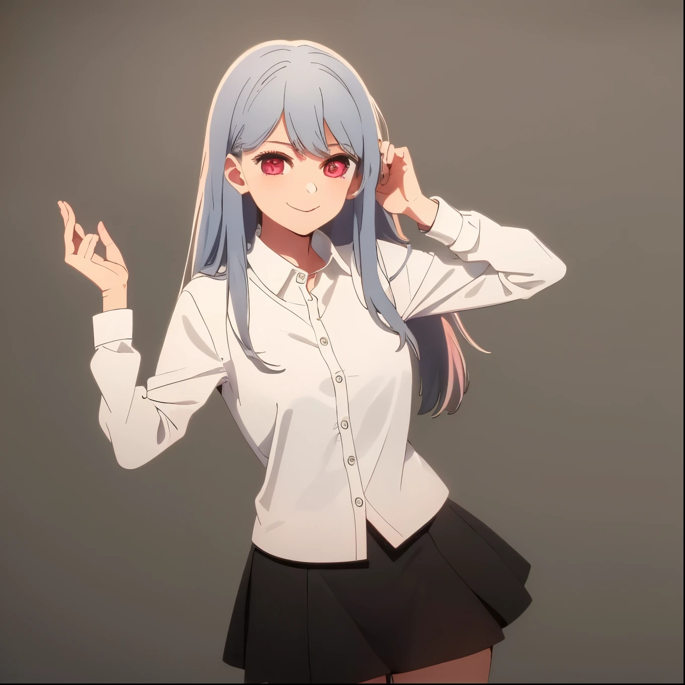 ((masterpiece, best quality)), (1girl), (solo), (female focus), (white hair, long hair), (red eyes), light smile, closed mouth, ((white shirt), (buttoned shirt), ((black skirt), (short skirt)), bust-up, white background, dynamic angle, 25 year old woman