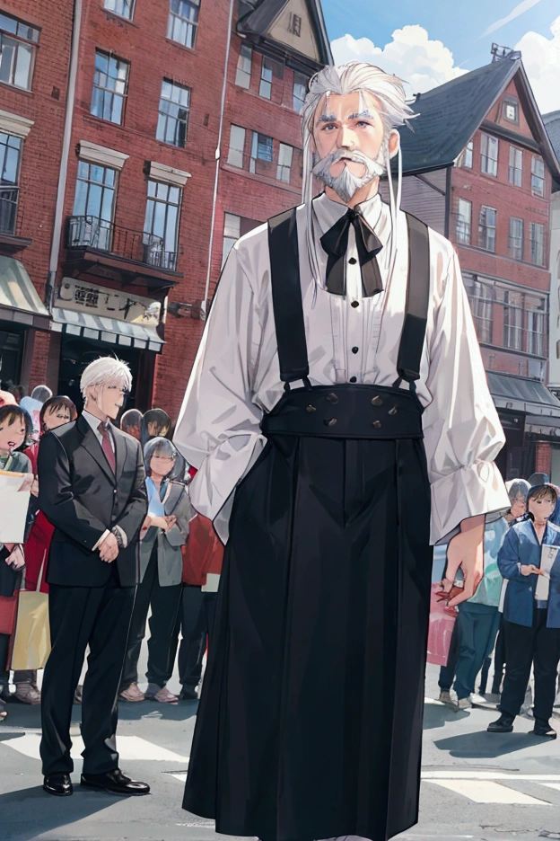 middle-aged white-haired man、Dressed as an adventurer、Short Beard、Center Parting、Town Square、In front of a large crowd of residents、Scene reporting danger、