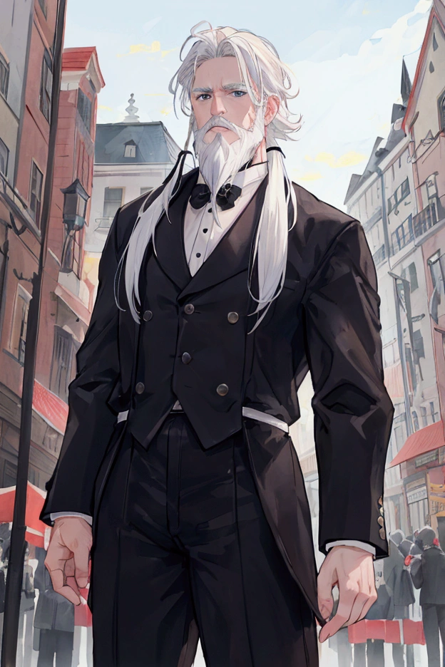 middle-aged white-haired man、Dressed as an adventurer、Short Beard、Center Parting、Town Square、In front of a large crowd of residents、Scene reporting danger、