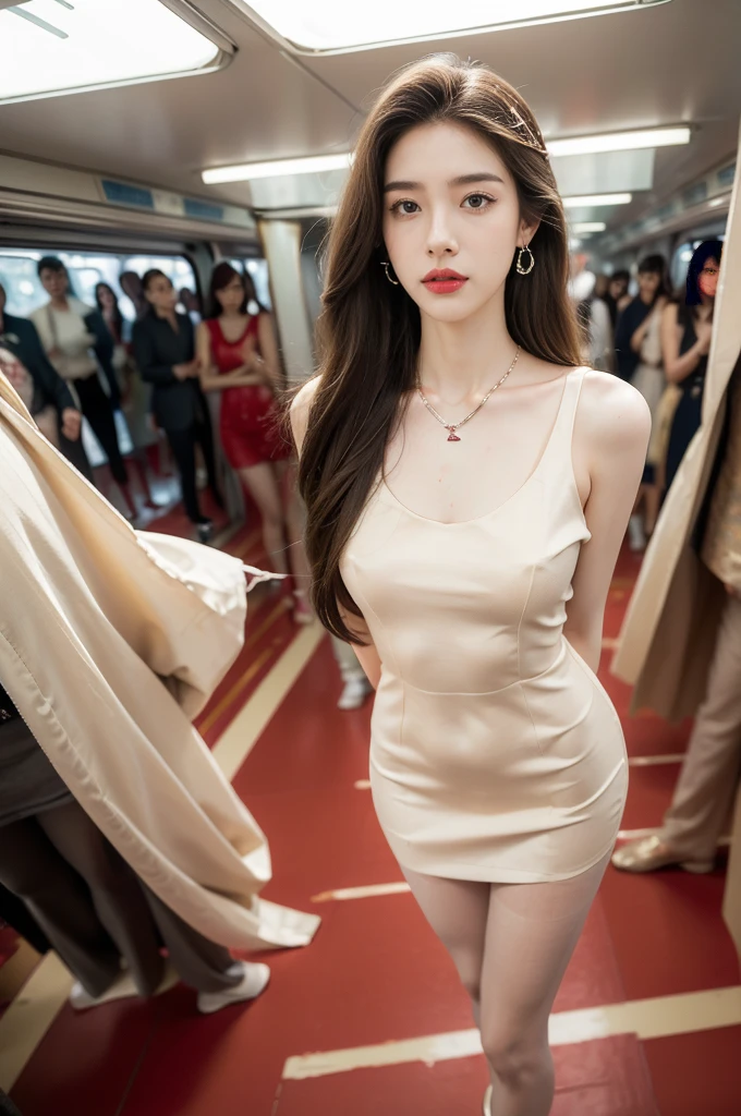 (((best quality))),(((ultra detailed))),(((masterpiece))),illustration,(a stunning girl,solo),(shoulder length straight hair:1.2),((earrings,necklace)),((slim,thin)),((small breasts,flat chest)),(slender legs:1.2),(nude pantyhose:1.3),(loafers:1.2),(standing:1.3), ((awkwardly,painful,embarrassed)),(In modern high-speed railway carriages:1.3),(white dress splattered with red paint stains:1.3),(surrounded by crowded crowds:1.3),((from front,full body,arms behind back))