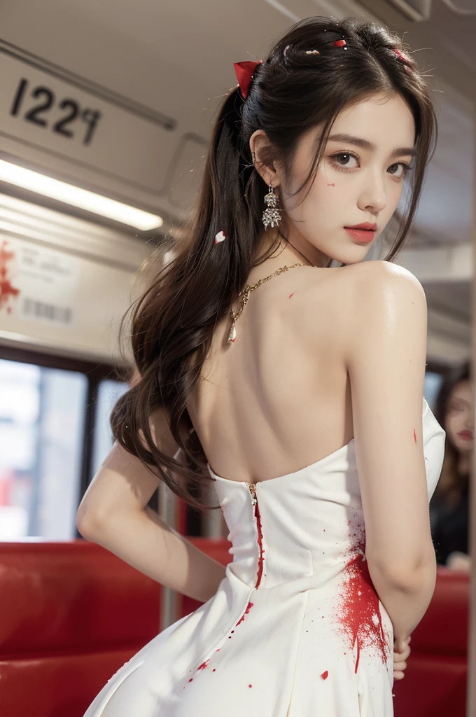 (((best quality))),(((ultra detailed))),(((masterpiece))),illustration,(a stunning girl,solo),(shoulder length straight hair:1.2),((earrings,necklace)),((slim,thin)),((bare back,towering hips,butt crack)),(standing:1.3), ((awkwardly,painful,embarrassed)),(In modern high-speed railway carriages:1.3),(white dress splattered with red paint stains:1.5),(surrounded by crowded crowds:1.3),((from back,upper body))