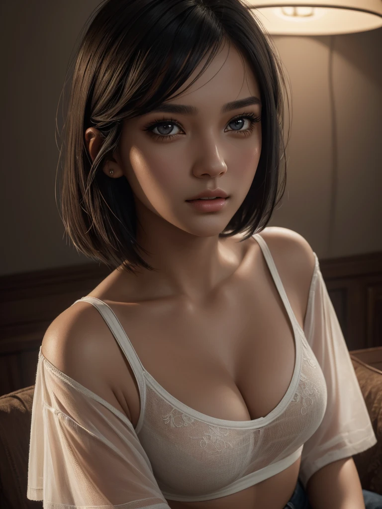 A beautiful girl with messy black hair in a bob cut, wearing a white t-shirt and loose black shorts, her pink bra visible underneath the t-shirt with cleavage, in a realistic living room background, (best quality,4k,8k,highres,masterpiece:1.2),ultra-detailed,(realistic,photorealistic,photo-realistic:1.37),detailed eyes,detailed lips,extremely detailed face,longeyelashes,1girl,oil painting,chiaroscuro lighting,warm color tones,detailed fabric textures