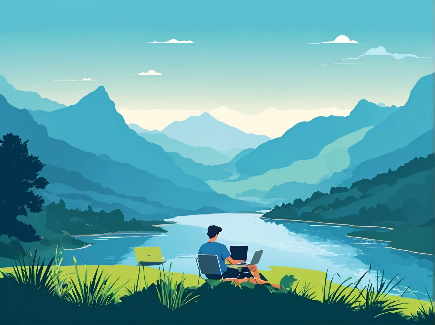 a young man working on a laptop in a nature landscape, remote work, summer, vector illustration, minimalistic art, blue t-shirt