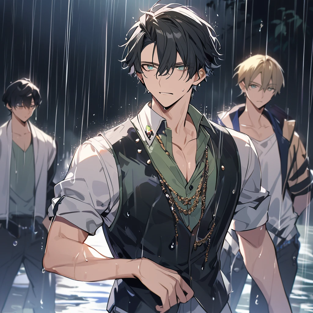 high resolution、Handsome man, 1 male, 17 years old, teenager,  Short black hair, Sharp eyes, Green-gray eyes,  Getting wet in the rain、 Stoic expression,  Lean Your Body, Well-trained body, Juste Call、Jeweled Cravat、Gilet、