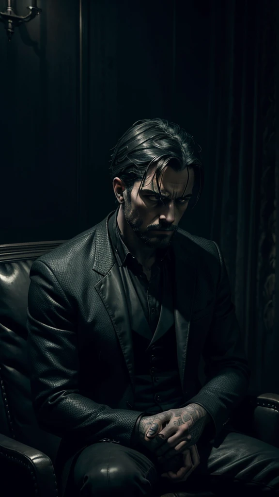 a depressed man, sad man, melancholy expression, sitting alone, brooding expression, looking down, wearing dark clothes, moody lighting, desaturated colors, dramatic shadows, cinematic composition, digital painting, detailed facial features, intricate details, award-winning digital art, masterpiece, high quality, 8k, photorealistic