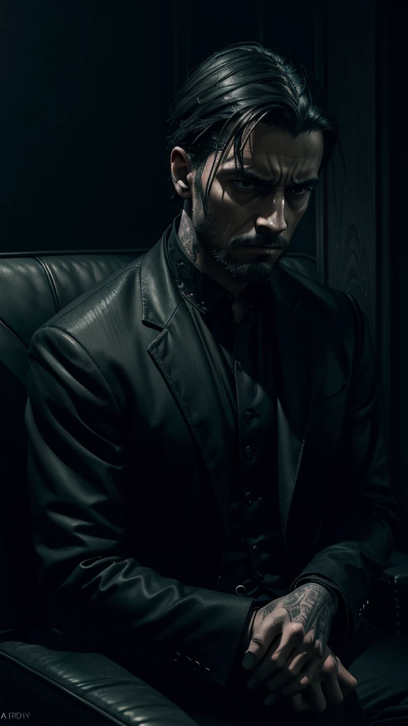 a depressed man, sad man, melancholy expression, sitting alone, brooding expression, looking down, wearing dark clothes, moody lighting, desaturated colors, dramatic shadows, cinematic composition, digital painting, detailed facial features, intricate details, award-winning digital art, masterpiece, high quality, 8k, photorealistic