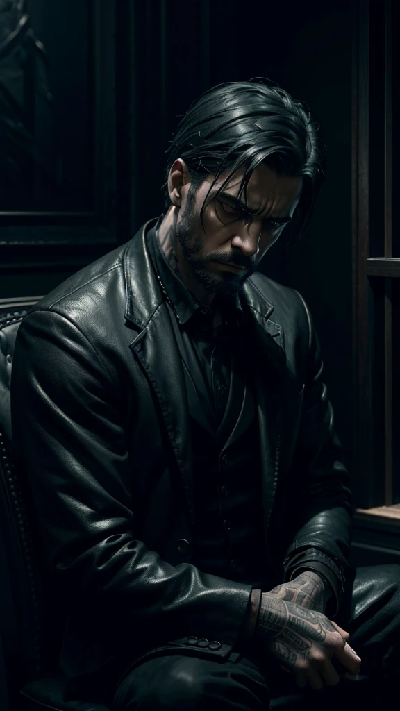 a depressed man, sad man, melancholy expression, sitting alone, brooding expression, looking down, wearing dark clothes, moody lighting, desaturated colors, dramatic shadows, cinematic composition, digital painting, detailed facial features, intricate details, award-winning digital art, masterpiece, high quality, 8k, photorealistic