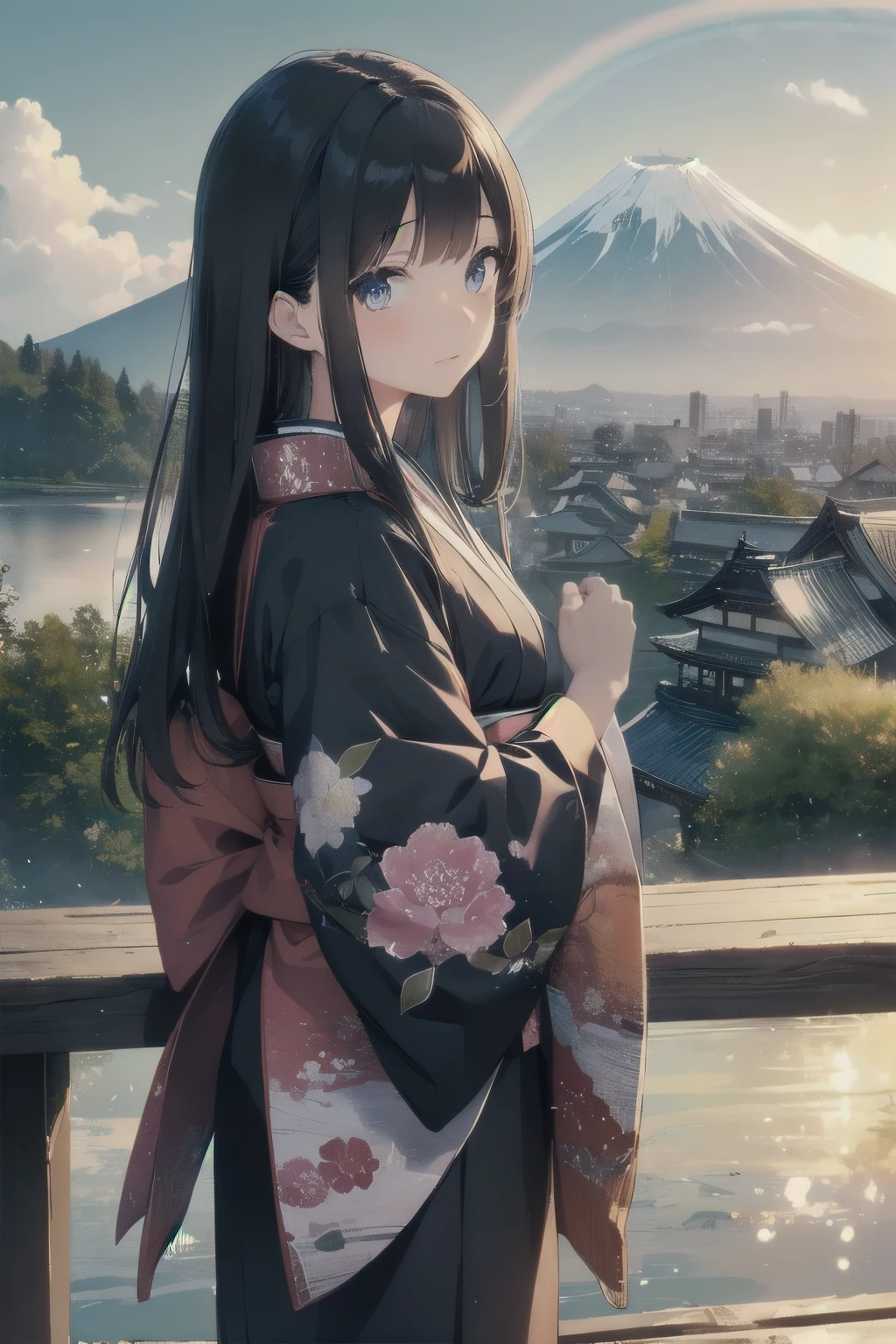 ((Masterpiece:1.4、top-quality:1.2))、Mt. Fuji and a 16-year-old girl in front,(niji6, a reference to the double rainbow),、solofocus,、a 16-year-old girl with a youthful glow,、delicate features,、Exquisitely detailed anime-style, high-definition face and eyes,、(Blur the background:1.3,)、(transform sequence,)、(Long, straight hair), flowing in the wind,、Mt. Fuji in the background, majestically towering,、the girl is wearing a traditional Japanese kimono, beautifully designed