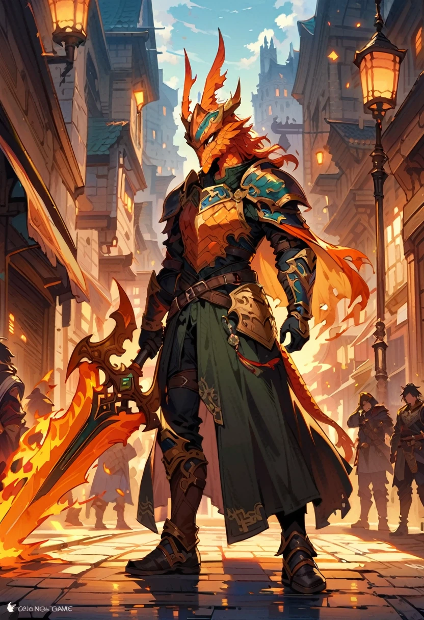 DnD character design, นักรบแฟนตาซีสวมหมวกหัวมังกรและเกล็ดสีส้มholding a swordอยู่ในมือยืนอยู่บนถนนในเมือง, green , Black leather gloves, Highly detailed, in fantasy style., Dragon Knight, Great Sword, holding a sword, fire,red black