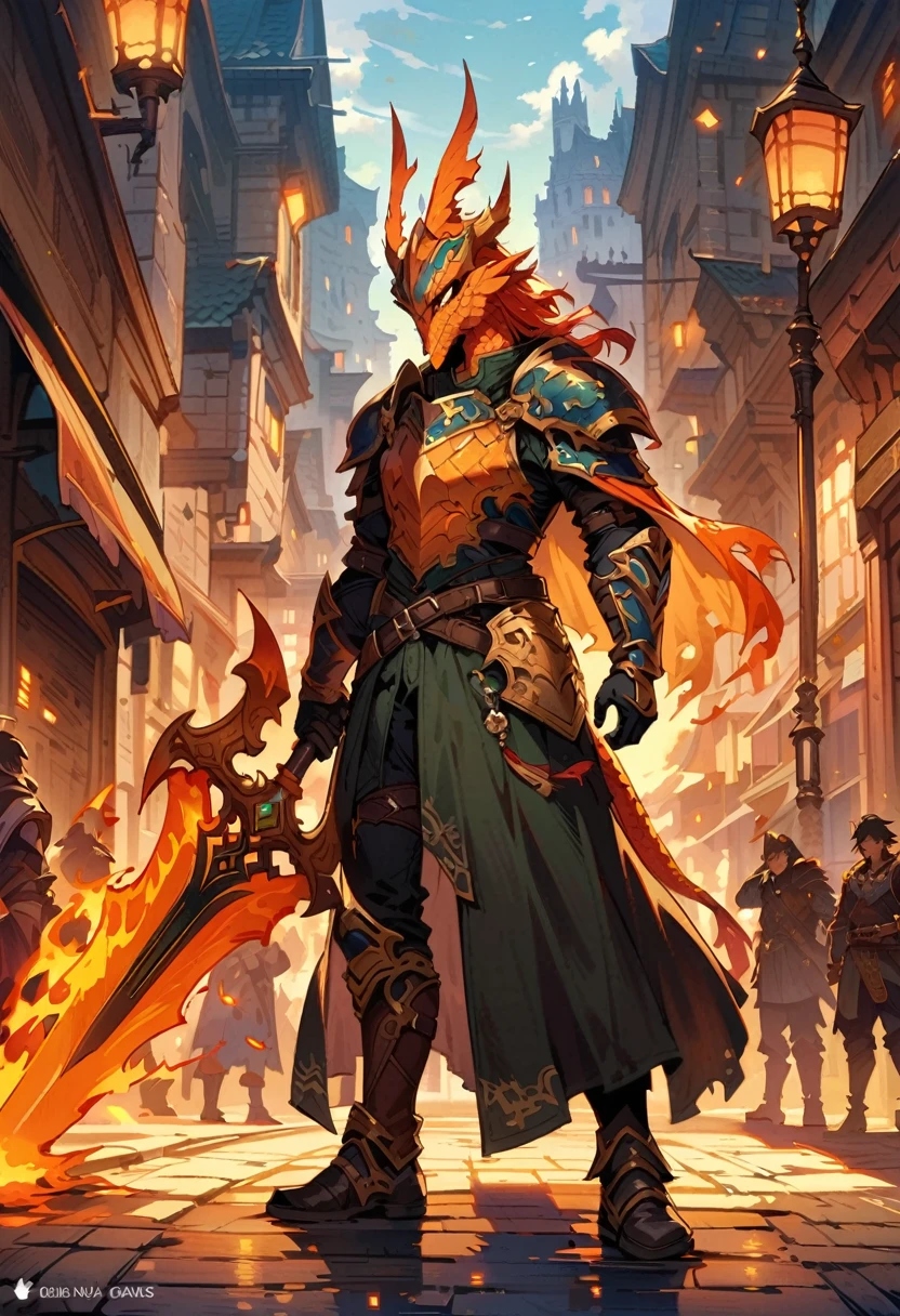 DnD character design, นักรบแฟนตาซีสวมหมวกหัวมังกรและเกล็ดสีส้มholding a swordอยู่ในมือยืนอยู่บนถนนในเมือง, green , Black leather gloves, Highly detailed, in fantasy style., Dragon Knight, Great Sword, holding a sword, fire,red black