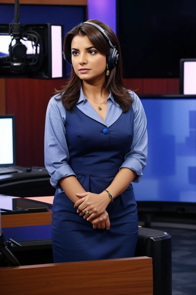 (Best quality), a news anchor is anchoring with serious mood and sitting in studio