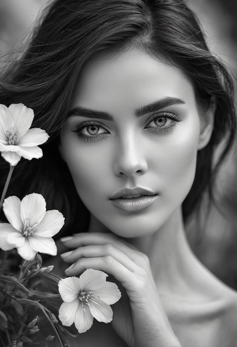 A black and white photo in raw format, zooming in on the intricate details of a woman's face, revealing the delicate lines of her skin and the depth of her expressive eyes. Frame the shot with a solitary striking flower, delicately held in the woman's hand, adding a touch of softness and femininity to the composition, enhancing the dramatic contrast and textures of the monochrome image.