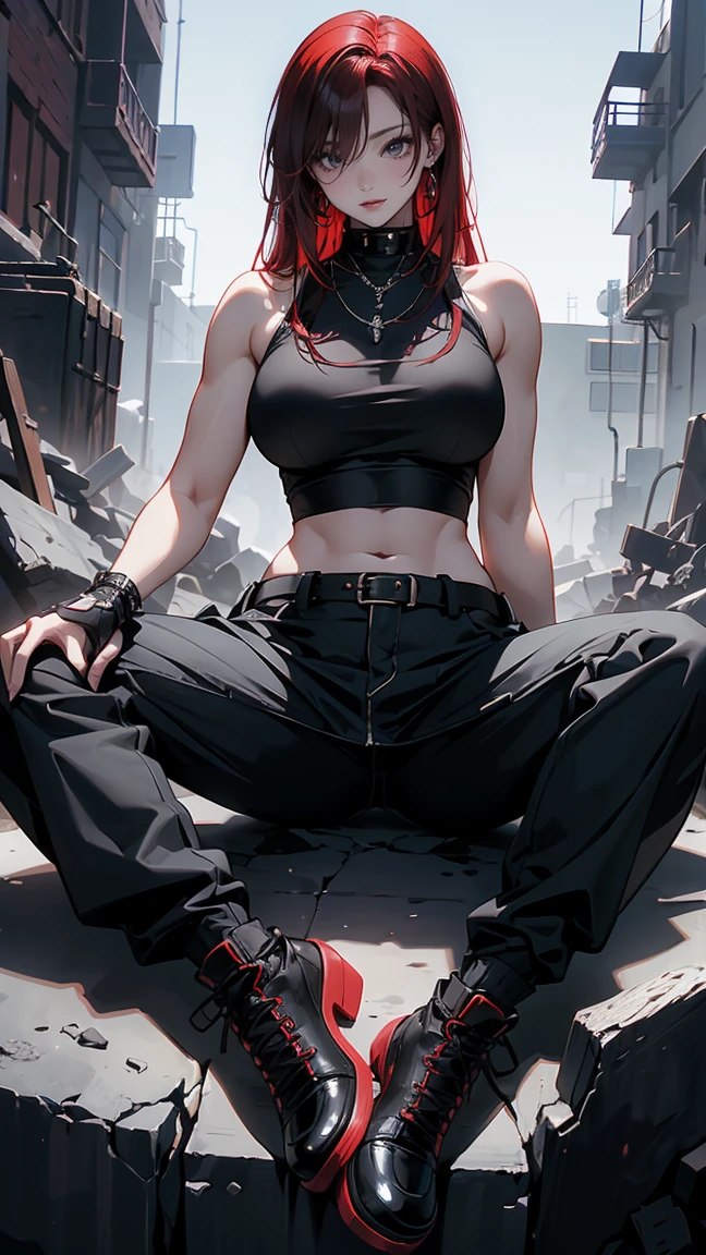 Highest quality、masterpiece、8k、Realistic、超High resolution、Very delicate and beautiful、High resolution、Fantasy World、Muscle Girl、Thick muscular body、Perfect female body、Beautiful woman、Mature Woman、Red hair、Unkempt long hair、Attractive body、Large Breasts、Big Breasts、Big Tits、Black military uniform、Tank top、I can see your belly、Black trousers、boots、Sit on the rubble with your legs apart、A mischievous smile、Full body emphasis、Simple Background