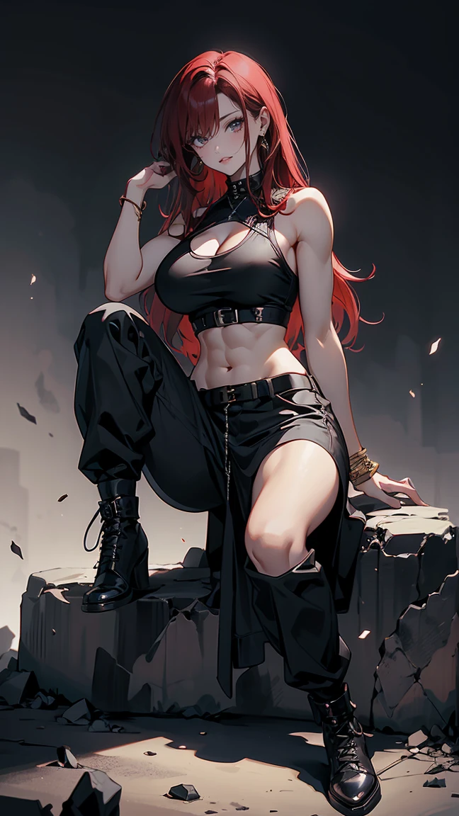 Highest quality、masterpiece、8k、Realistic、超High resolution、Very delicate and beautiful、High resolution、Fantasy World、Muscle Girl、Thick muscular body、Perfect female body、Beautiful woman、Mature Woman、Red hair、Unkempt long hair、Attractive body、Large Breasts、Big Breasts、Big Tits、Black military uniform、Tank top、I can see your belly、Black trousers、boots、Sit on the rubble with your legs apart、A mischievous smile、Full body emphasis、Simple Background
