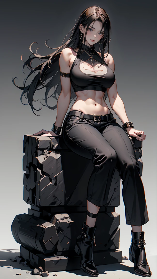 Highest quality、masterpiece、8k、Realistic、超High resolution、Very delicate and beautiful、High resolution、Fantasy World、Muscle Girl、Thick muscular body、Perfect female body、Beautiful woman、Mature Woman、Red hair、Unkempt long hair、Attractive body、Large Breasts、Big Breasts、Big Tits、Black military uniform、Tank top、I can see your belly、Black trousers、boots、Sit on the rubble with your legs apart、A mischievous smile、Full body emphasis、Simple Background
