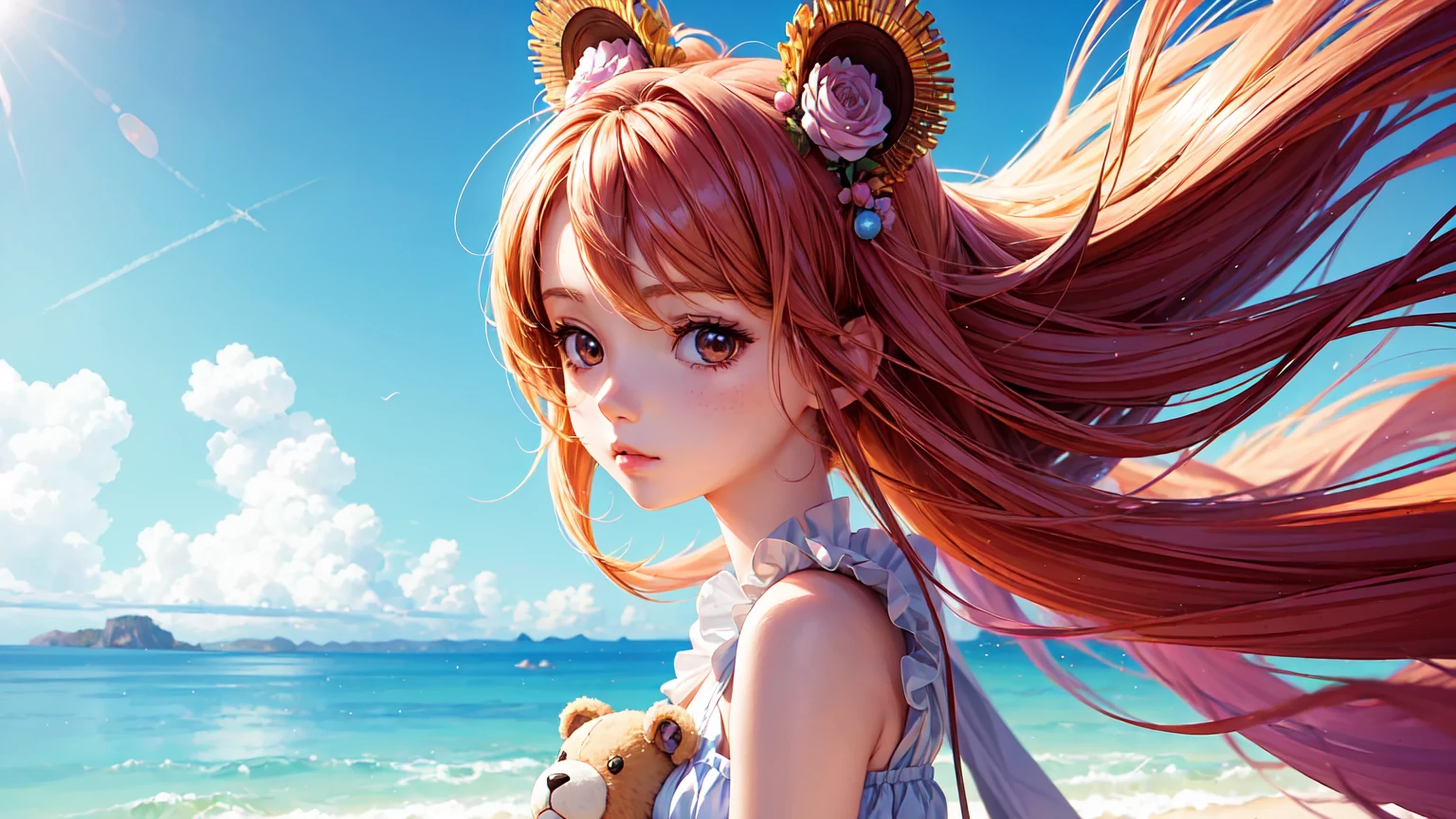 a young anime girl holding a teddy bear on the beach, highly detailed, beautiful anime style portrait, smooth anime cg art, gweniz style artwork, beautiful detailed anime girl portrait, cute anime style portrait, beautiful anime girl, cute anime girl portrait, realistic anime 3d style