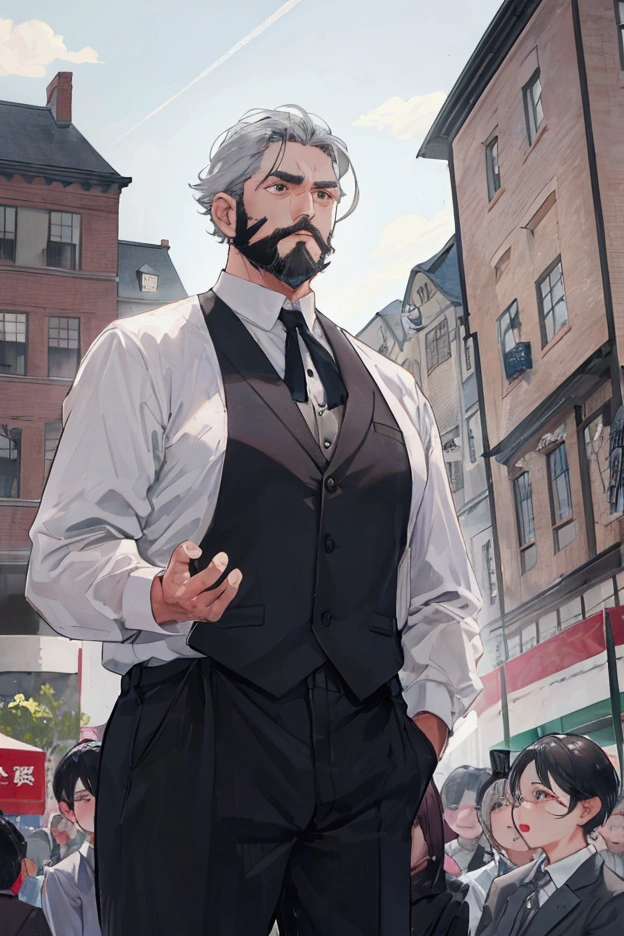 Short-haired middle-aged man with grey hair、Dressed as an adventurer、Short Beard、Center Parting、Town Square、In front of a large crowd of residents、Scene reporting danger、