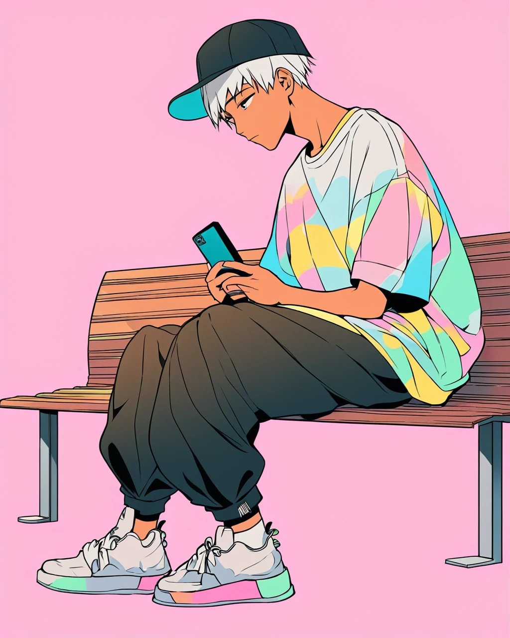 Create a detailed anime illustration of a boy with short hair in a casual streetwear outfit. He should be wearing a baseball cap, baggy pants, and a graphic t-shirt. He is seated on a bench, holding a mobile phone, with a serene expression. Use a two-tone pastel background to highlight the modern and minimalist setting.