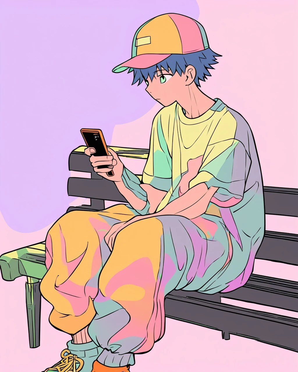 Create a detailed anime illustration of a boy with short hair in a casual streetwear outfit. He should be wearing a baseball cap, baggy pants, and a graphic t-shirt. He is seated on a bench, holding a mobile phone, with a serene expression. Use a two-tone pastel background to highlight the modern and minimalist setting.