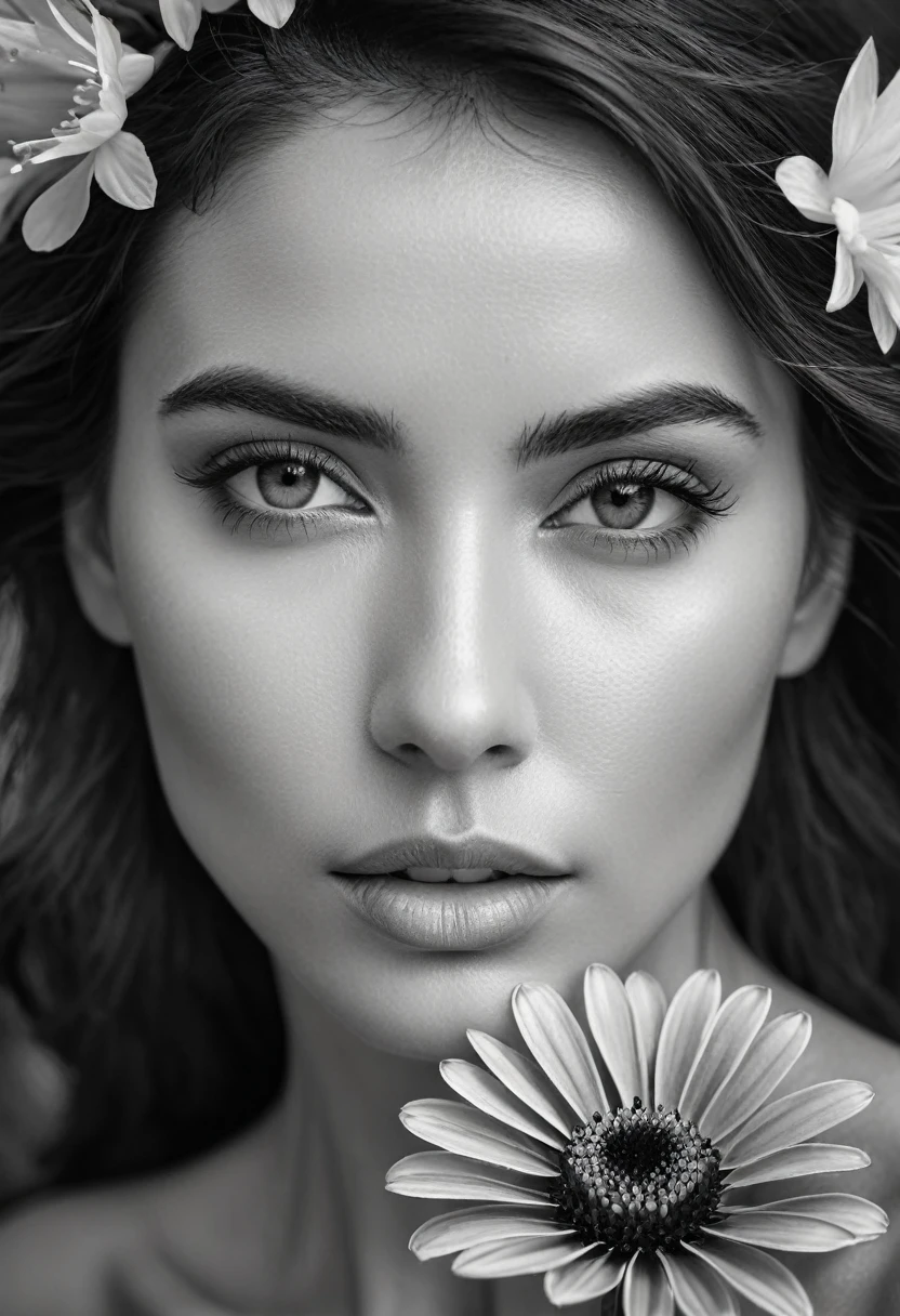 A black and white photo in raw format, zooming in on the intricate details of a woman's face, revealing the delicate lines of her skin and the depth of her expressive eyes. Frame the shot with a solitary striking flower, delicately held in the woman's hand, adding a touch of softness and femininity to the composition, enhancing the dramatic contrast and textures of the monochrome image.