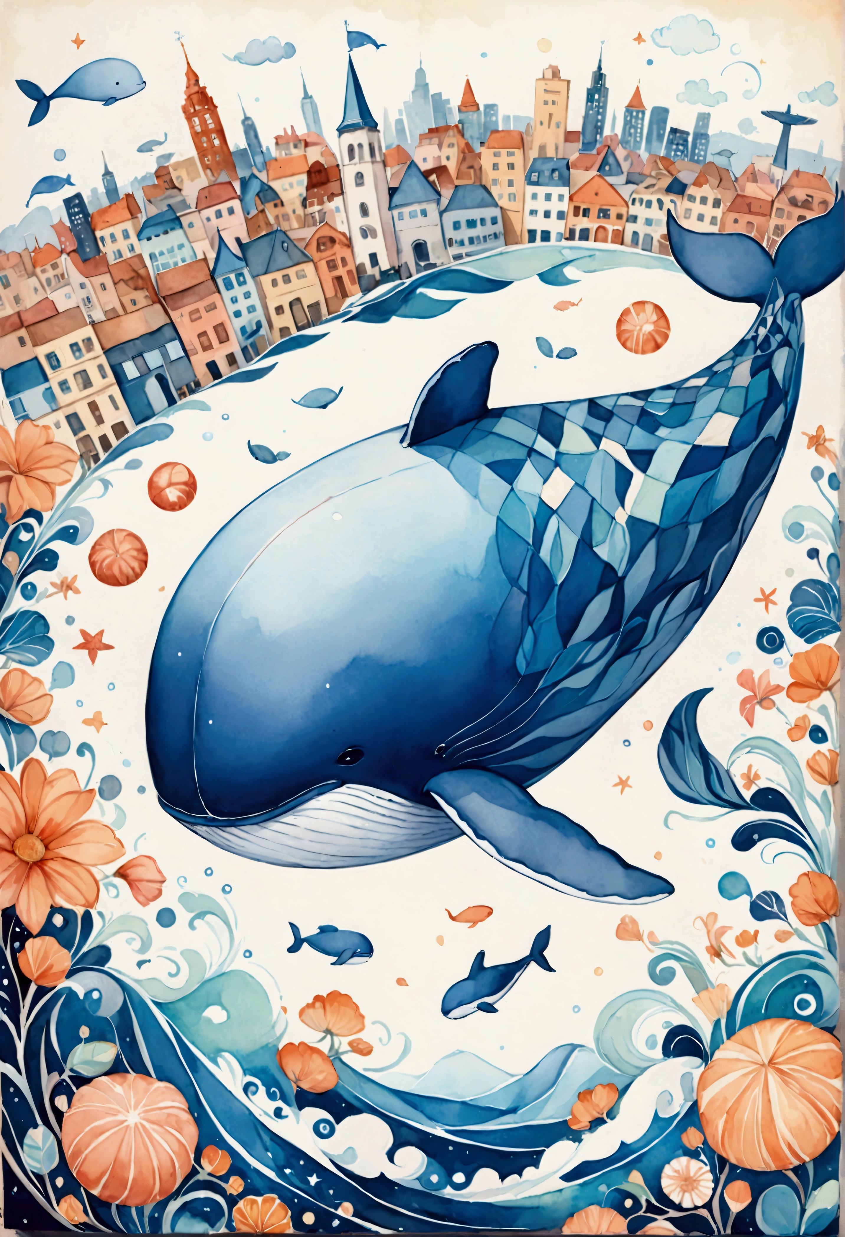 create artistic handmade pieces,This is a dreamy and colorful work that looks like an illustration in a picture book.,Collage using various art materials,A sky pattern drawn by mixing blue and black,watercolor style background,cloth,quilting,Embroidery thread,Looking down on the cityscape painted in white and orange from above,(Flying Whale:Anatomically Correct Whale:Cute Whale),Cityscape and sky of a Brazilian city near the sea,BREAK,(Flying Whale:Anatomically Correct Whale:Cute Whale),BREAK,rich expression,Use various patterns such as geometric patterns and traditional patterns,An imaginative dream world,happy dream,artwork,patchwork,intricate details,anatomically correct,perfect anatomy,kind,rich colors,Careful in every detail