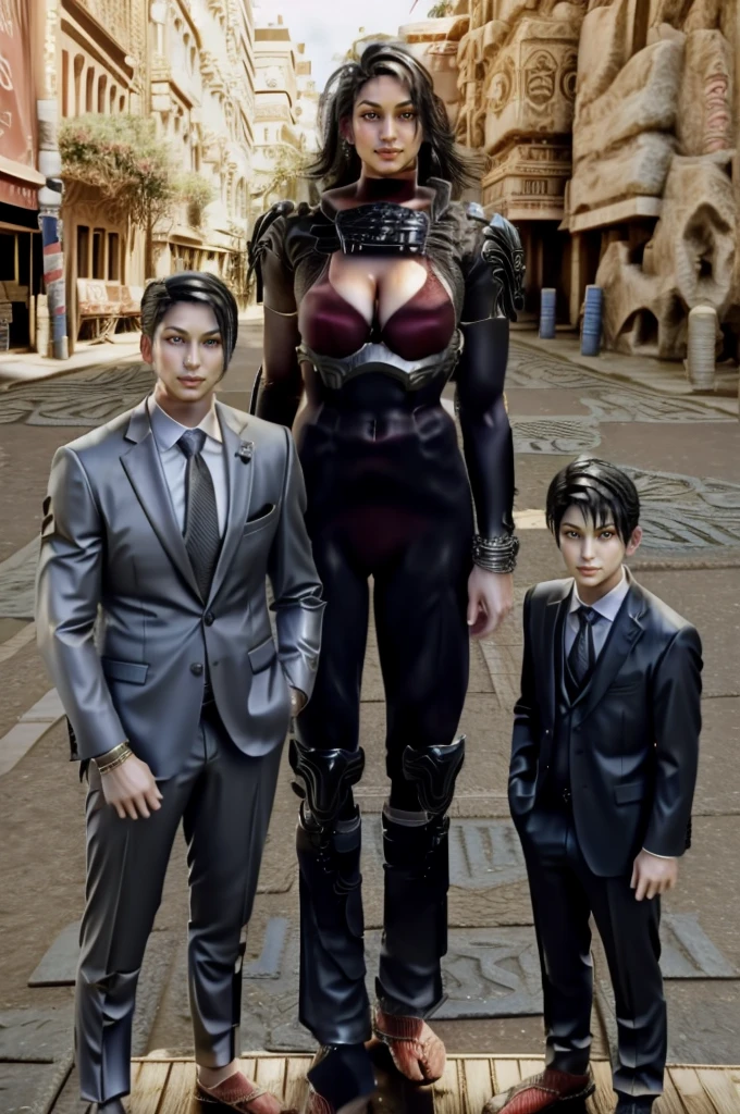 Tall wife in the middle, short husband in the left, short son in the right, beautiful faces, wife is wearing suit and pants, wife has big , wife is showing cleavage, wife is ripped, wife's suit has a belly button cutout, wife has ripped visible abs, make the girls even more taller than the boys, boys are very thin and weak, boys wearing suit and pants, wife is standing barefoot, boys are wearing office shoes