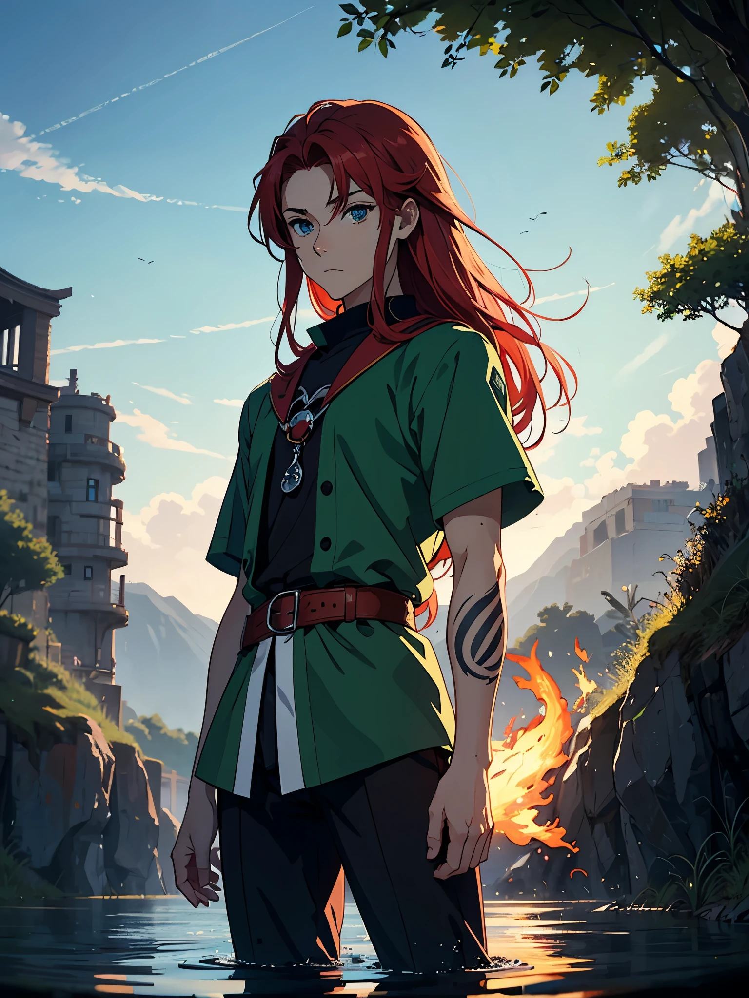 Runen magier. Runes. Runenschrift. Runen Tattoo. More anime style. blue flames. 2d. flatter. anime style. Green clothing. Viking clothing. soft. More anime. Standing in a lake. More anime. More 2d. Clean. More anime. 2d. Glow. Red hair. More anime. male. Long hair. long red hair. boy, vikings. red hair. Blue eyes. fire. 