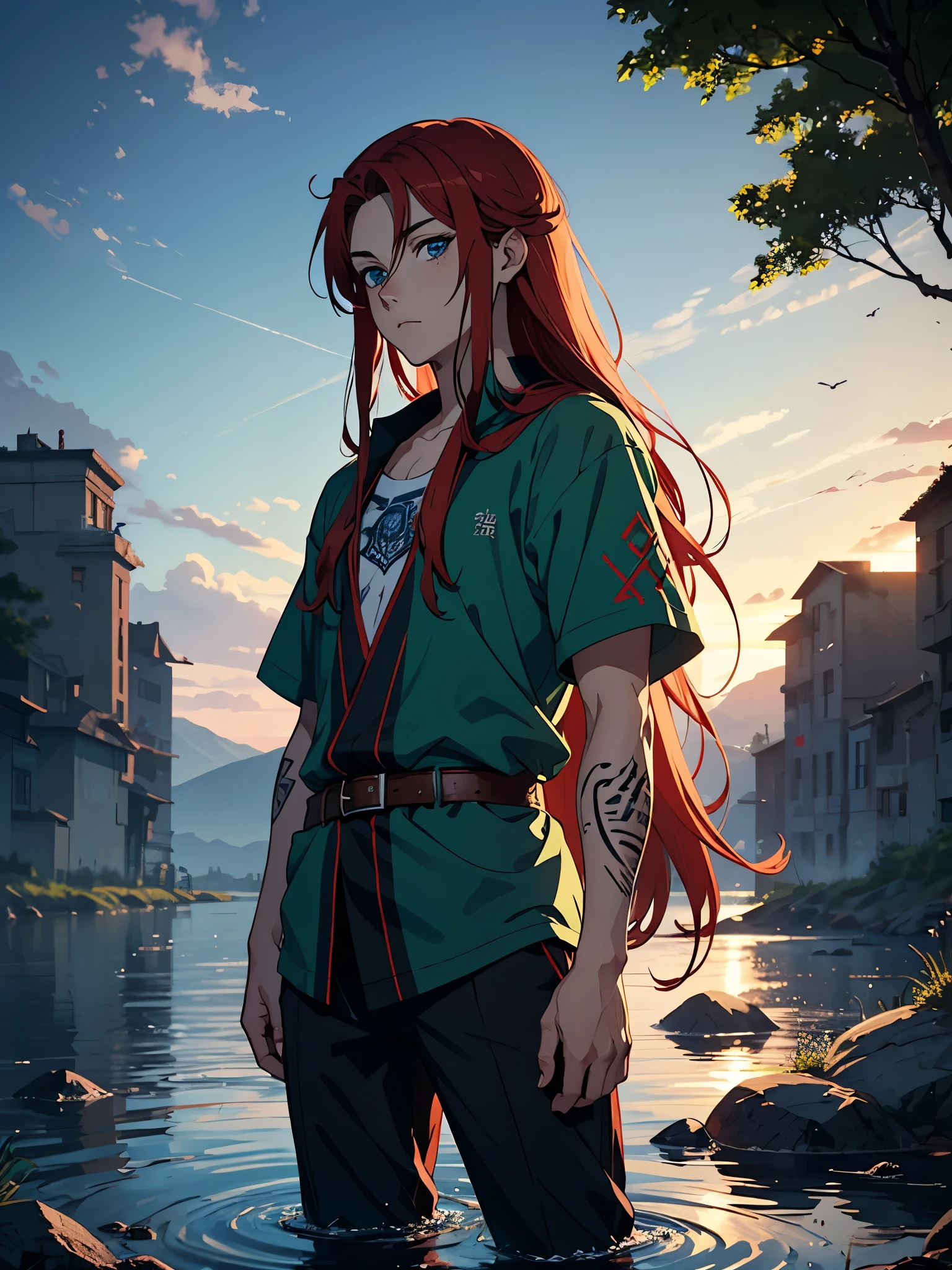 Runen magier. Runes. Runenschrift. Runen Tattoo. More anime style. blue flames. 2d. flatter. anime style. Green clothing. Viking clothing. soft. More anime. Standing in a lake. More anime. More 2d. Clean. More anime. 2d. Glow. Red hair. More anime. male. Long hair. long red hair. boy, vikings. red hair. Blue eyes. fire.
