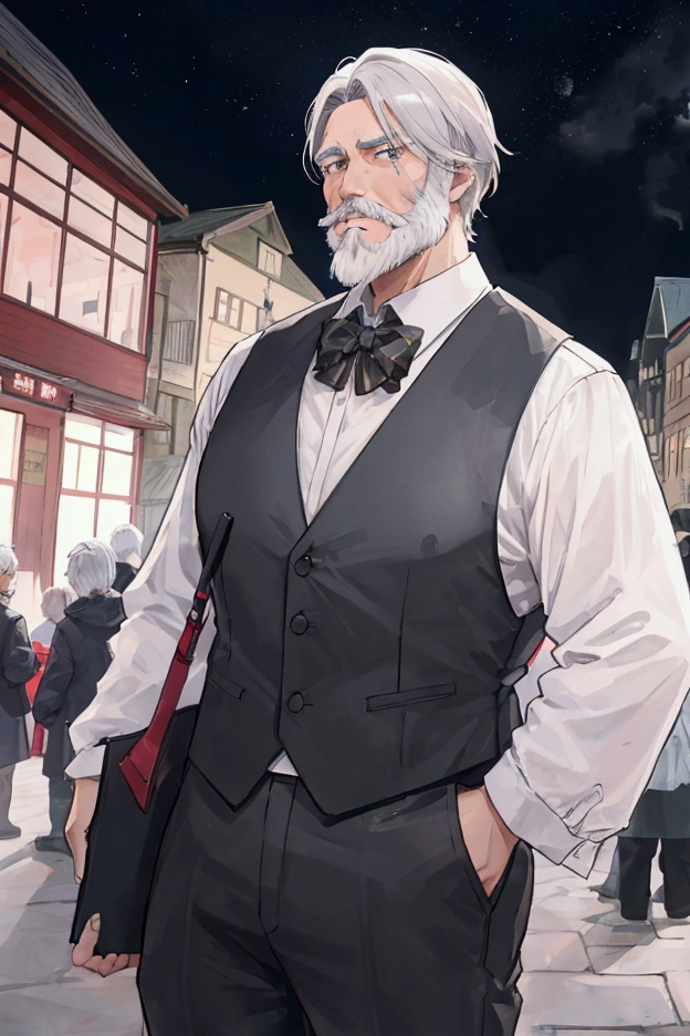 Short-haired middle-aged man with grey hair、Dressed as an adventurer、Short white beard、Center Parting、Town Square、In front of a large crowd of residents、Scene reporting danger、