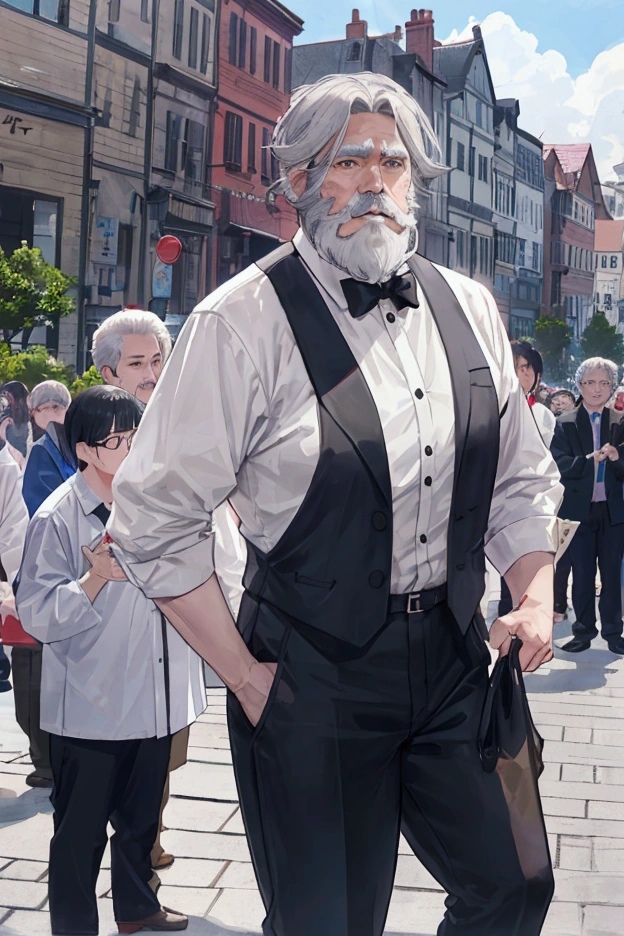 Short-haired middle-aged man with grey hair、Dressed as an adventurer、Short white beard、Center Parting、Town Square、In front of a large crowd of residents、Scene reporting danger、