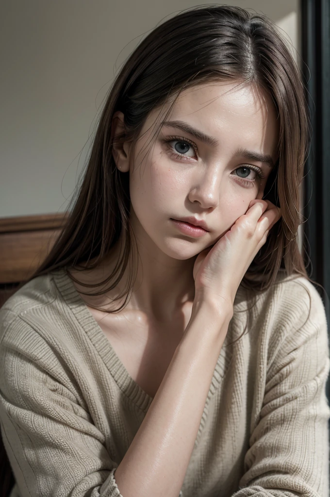 woman sitting thinking about the story, hand on the chin, with a pensive suspicious look, thoughts
