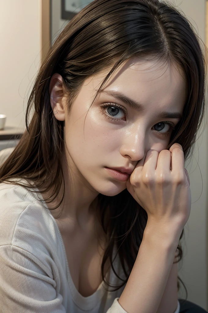 woman sitting thinking about the story, hand on the chin, with a pensive suspicious look, thoughts