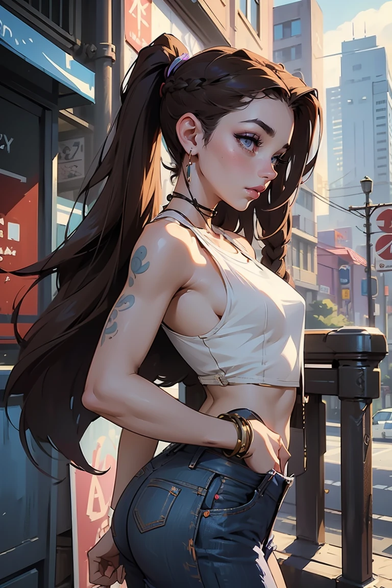 Goddess ((goddess-like woman)), slim elegant silhouette, masterpiece, (close angle), best quality, pale skin, fair skin, cloud tattoo on arm, sweet face, (masterpiece:1,2, best quality), (real picture, intricate details), (1 lady , solo, medium tits, slim waistline, ), ((Jinx/LOL)),BROWN HAIR, a woman withe brown very very long hair, brown hair, braided hair, very long braided pigtails, purple eyes, she has an impressive presence., bracelet, hoop earrings, jewelry, beautiful face, beautiful eyes, Side Pose, Side View, She is wearing a white simple tank top under a denim jacket and hip pants, simple Tanktop, Open Denim Jacket , beautiful back, back view, upperbody view, sweet irresistible smile, elegant pose, elegant hands, beautiful hands, perfect fingers,, background: She is standing in a Big city, busy city, dance club, outside, blue sky,