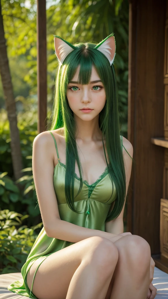 a girl.  face sent feeling.  Europe.  Oval face.  long face.  delicate facial features.  partially closed eyes.  seductively seductive.  very white skin.  green eyes.  long straight hair.  green hair.  Fake cat ears on head.  sad expression.  green silk nightgown.  straight face.  shy posture.  outdoor