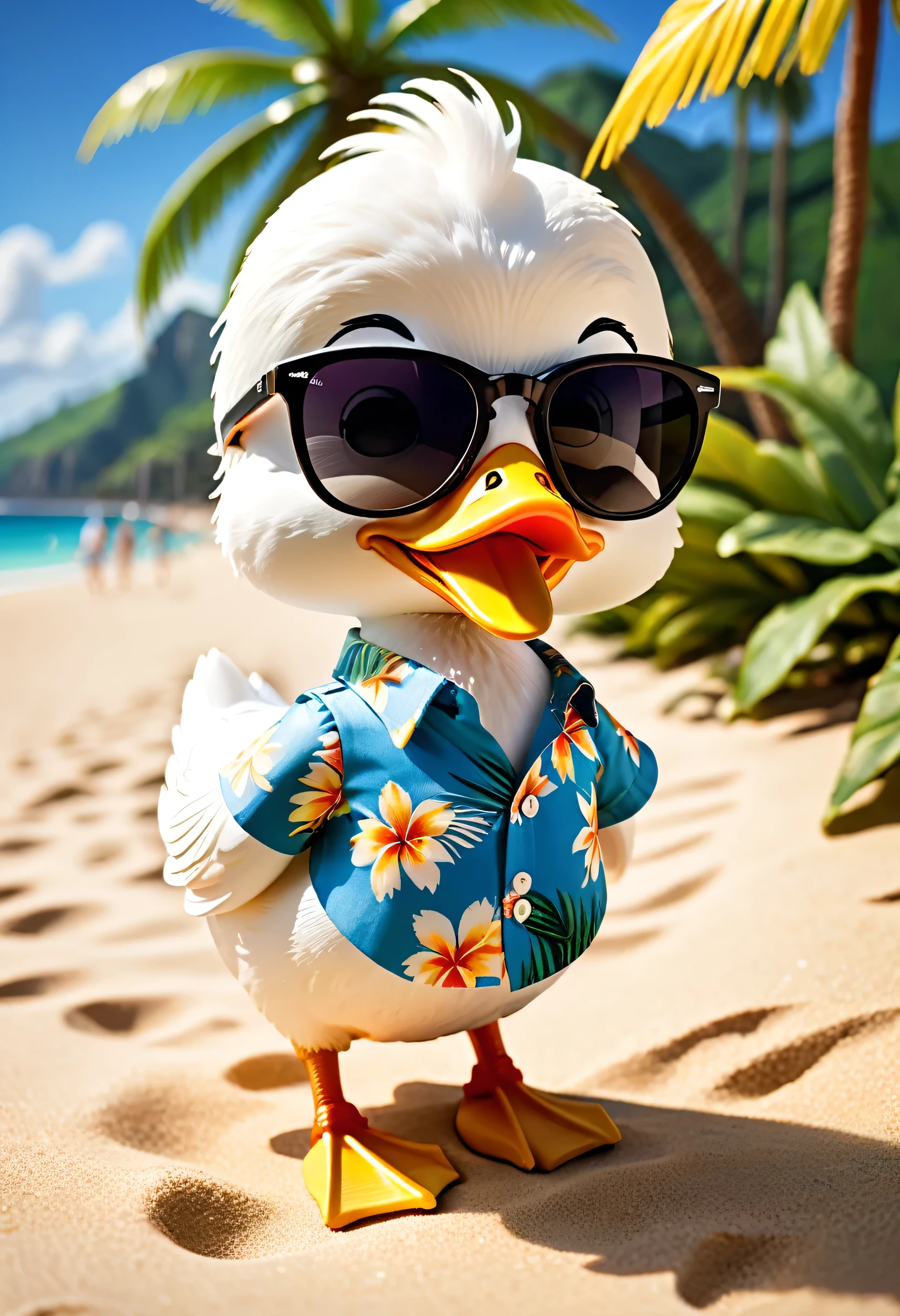 Esbian all over body、Cool white duck、Pop White Duck、Diorama、Simple Background、sunglasses、Aloha Shirt、tropical、Beach Background、Best Quality, Capture the cutest moments, Depth of written boundary, Super detailed, Ultra-high resolution, Octadale, 8k, 16km race