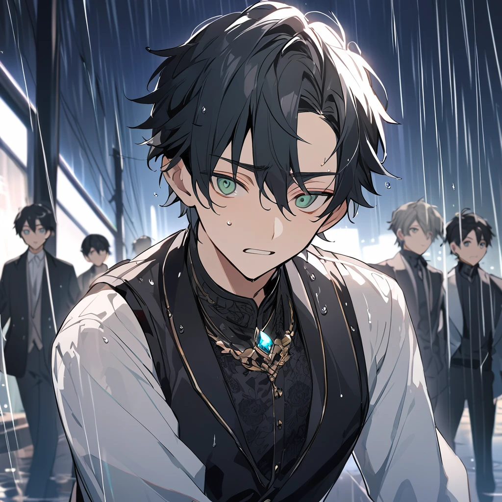 high resolution、Handsome man, 1 male, 17 years old, teenager,  Short black hair, Sharp eyes, Green-gray eyes,  Getting wet in the rain、 Stoic expression, Juste Call、Jeweled Cravat、Gilet、Long sleeve、