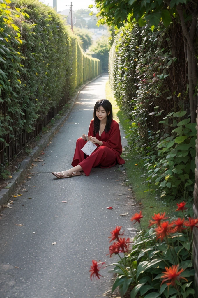 A small path,There are red spider lilies all along the way,At the end of the road is a woman sitting on a stone