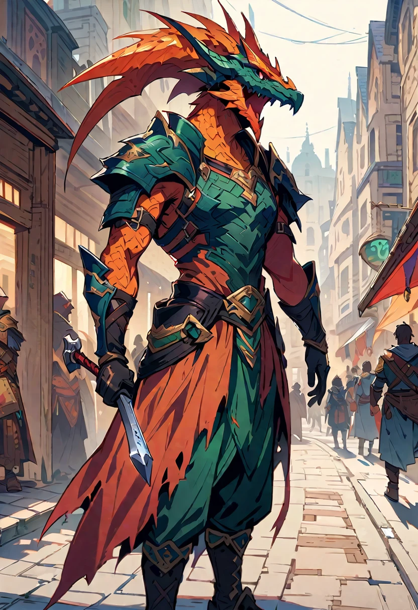 DnD character design, A fantasy warrior wearing a dragon head helmet and orange scales, holding a sword in hand, stands on the city street., green , Black leather gloves, Highly detailed, in fantasy style,Red-black body